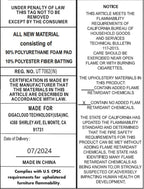 Product label for Modular Sectional Sofa - Chenille 6-Seater L-Shape showing material composition and safety compliance details.