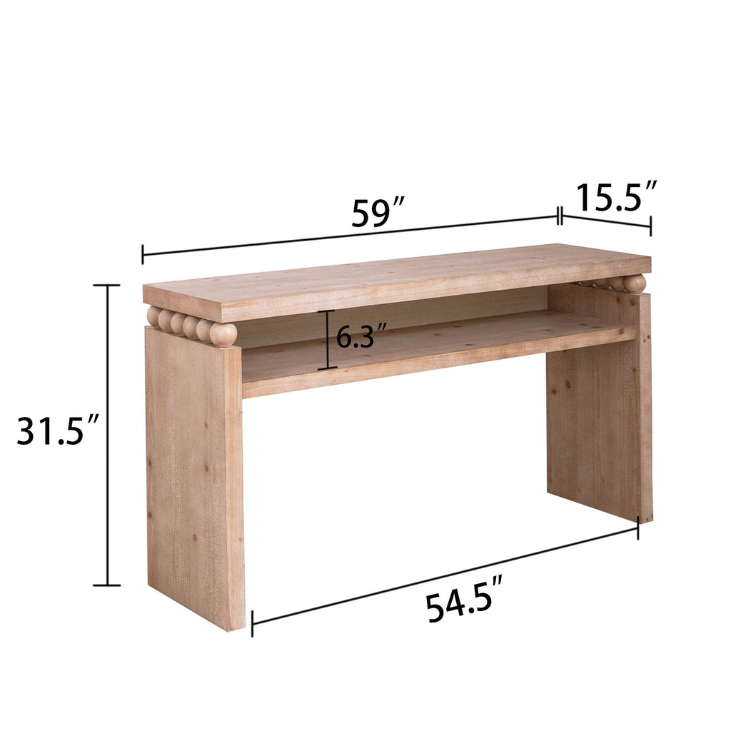 Dimensions of 59 inch rustic console table with shelf shown in diagram, highlighting its spacious surface and storage shelf.