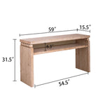 Dimensions of 59 inch rustic console table with shelf shown in diagram, highlighting its spacious surface and storage shelf.