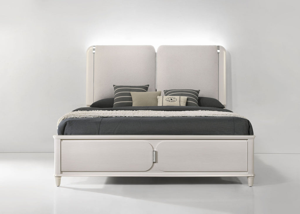 Laveda Light Gray Boucle Eastern King Bed with LED and Acrylic Legs
