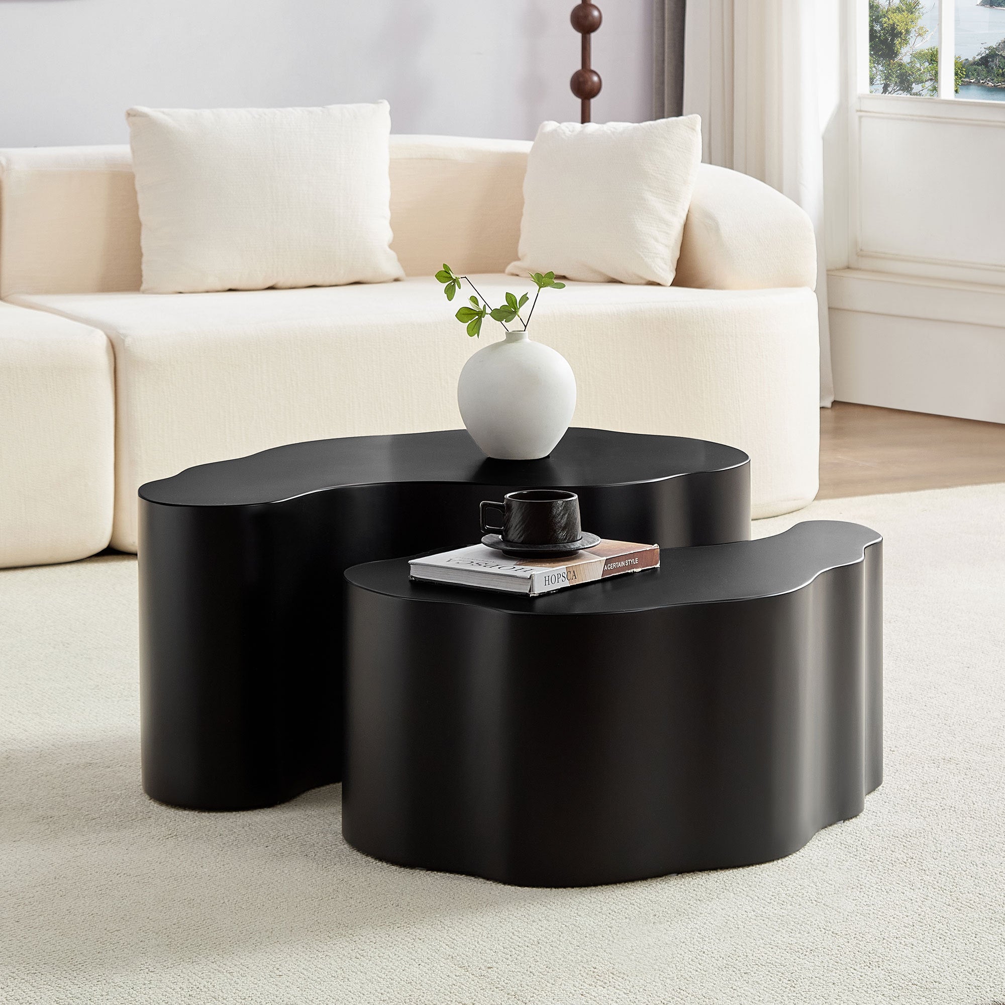 Unique MDF Coffee Table Set - Black placed in a cozy living room. No assembly required, perfect for minimalist and modern home settings.