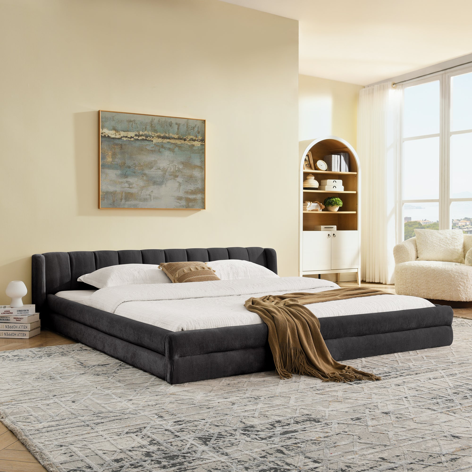 King Size Bed Frame - Chenille Upholstered in dark gray with low-profile design and plush headboard, styled in a modern bedroom setting.