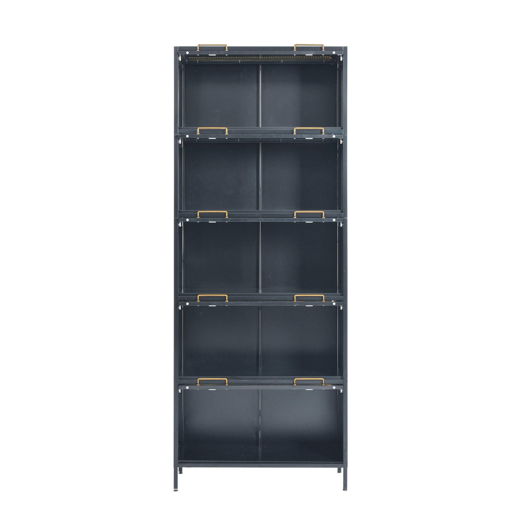 Iron Display Cabinet with Glass Doors - 5-Tier Bookcase.