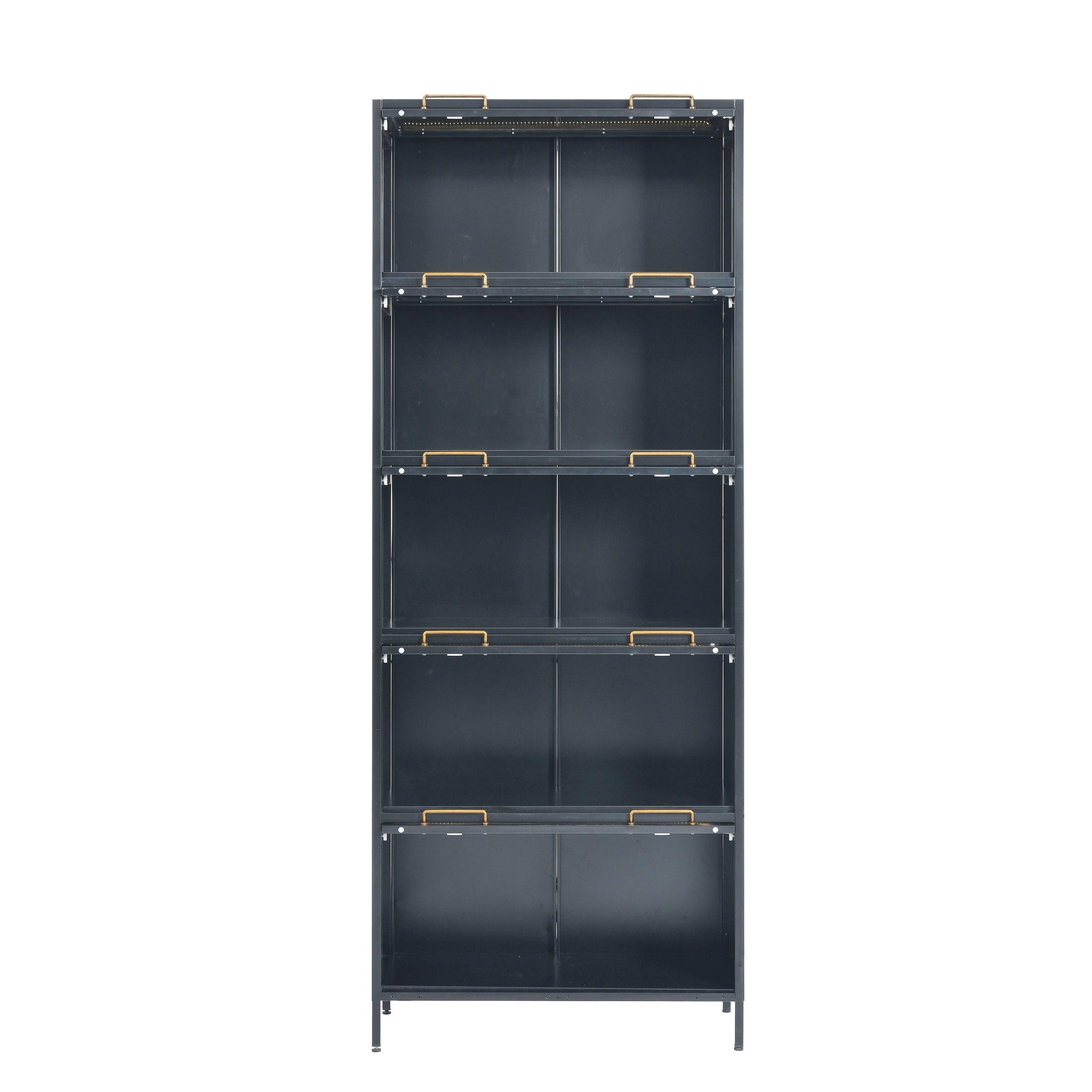Iron Display Cabinet with Glass Doors - 5-Tier Bookcase.