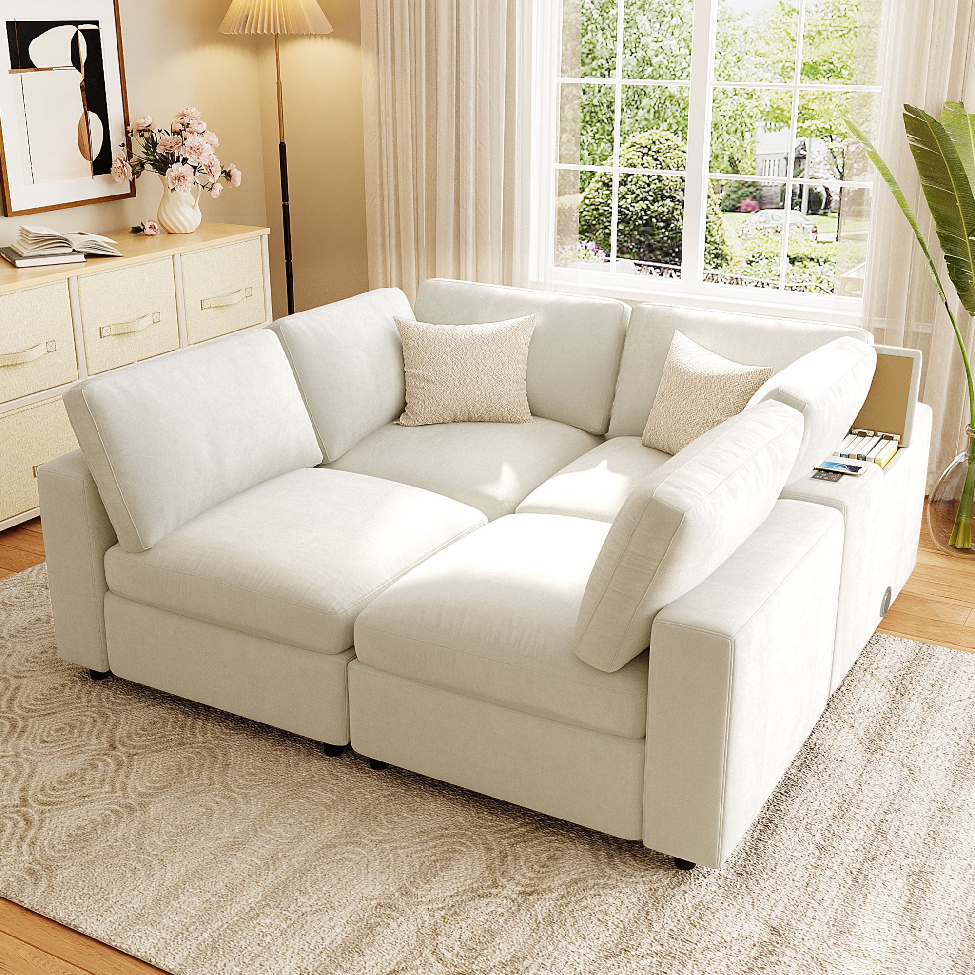 Modular Sofa with Charging - Storage | Chenille, 4 Seats in compact square setup, ideal for small spaces with smart storage and comfort.