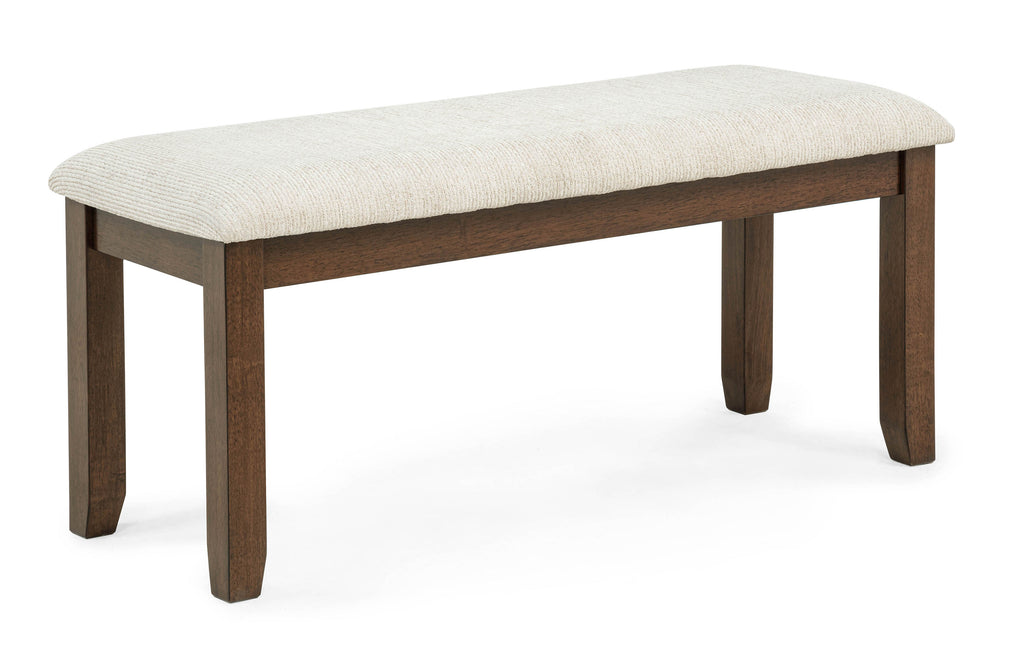 Dining Room Bench - Contemporary Wood Finish with beige upholstered seat and rich brown wood frame, ideal for modern dining spaces.