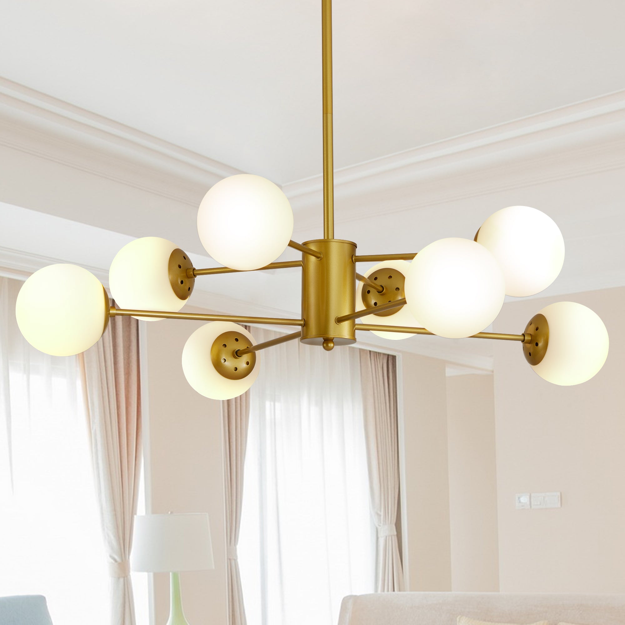 35-Inch Modern Gold Chandelier with White Glass Globe Shades
