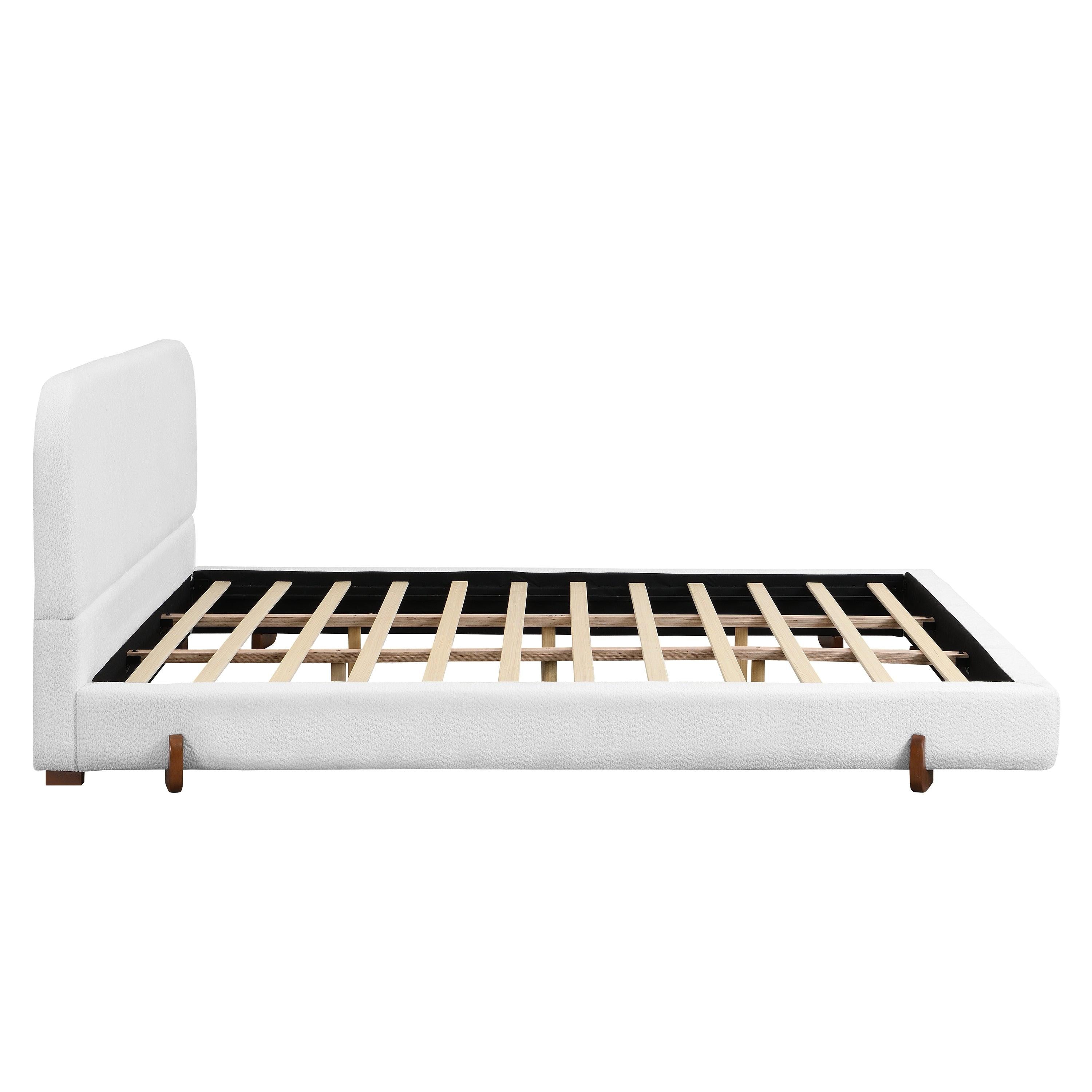California King White Fabric Upholstered Bed Frame.