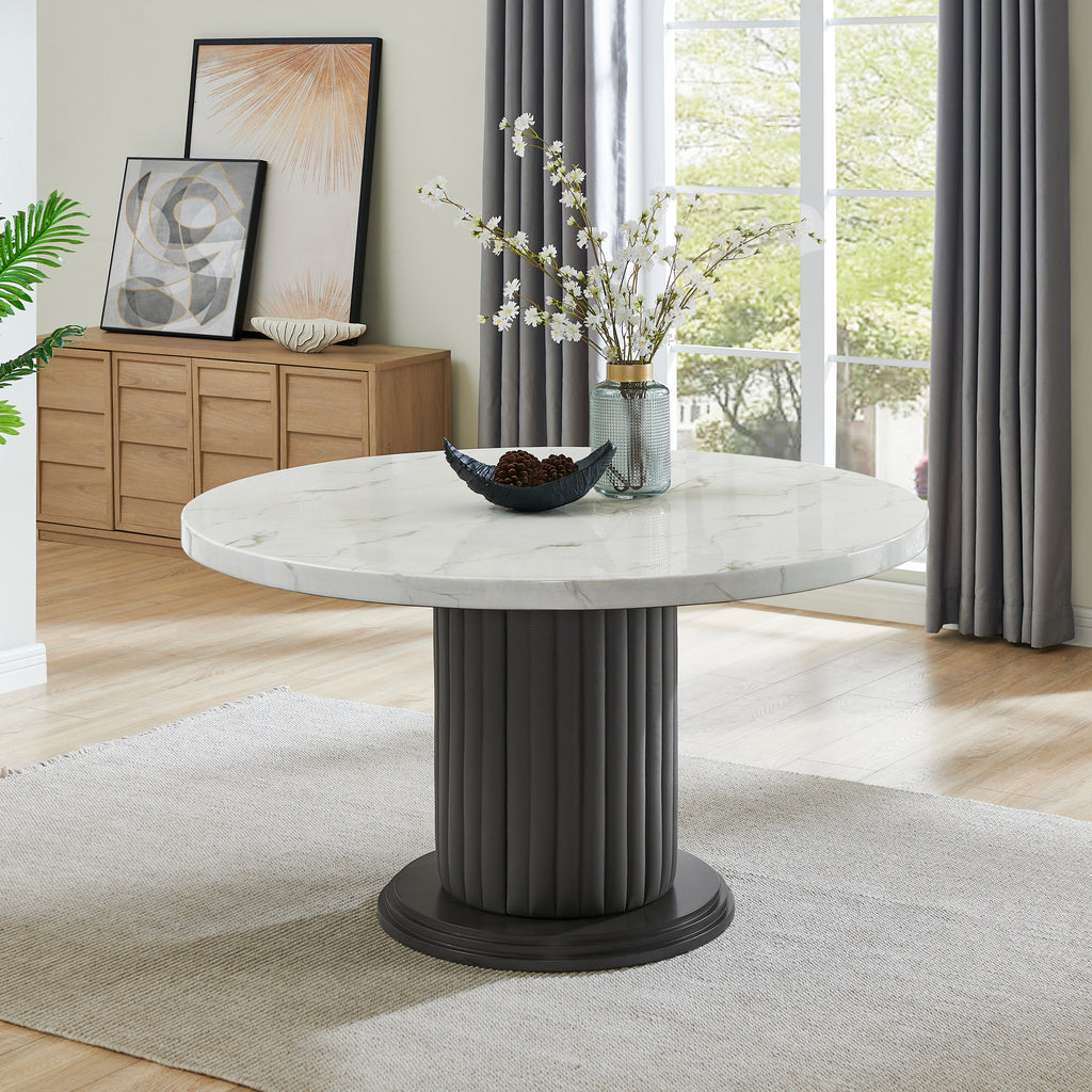 Valencia Dining Set - 7-Piece Marble table shown solo with round faux marble top and gray PVC pedestal, ideal for modern dining spaces.