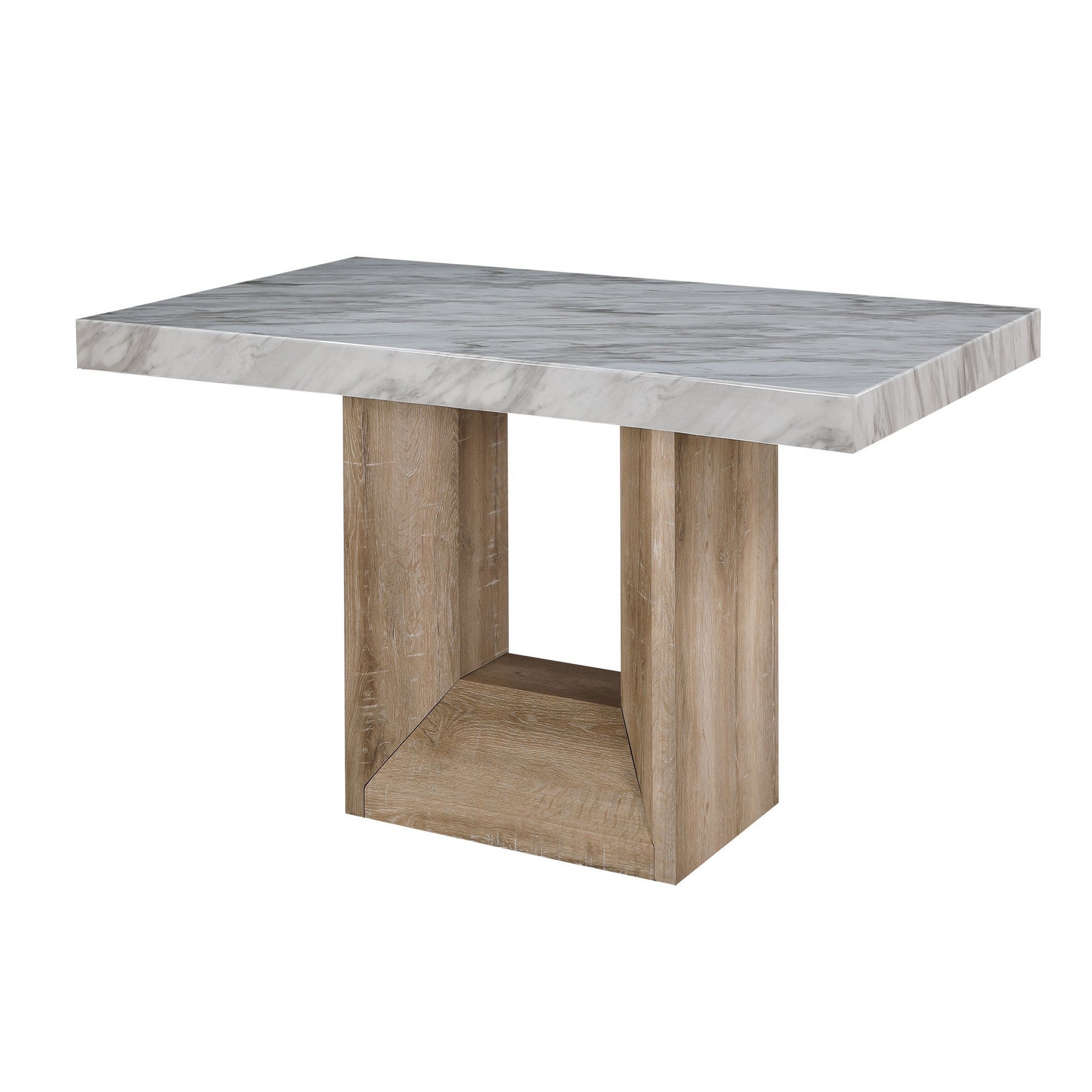 Side view of faux marble dining table with thick marble-look top and sturdy wood pedestal base, ideal for seating 6 guests.