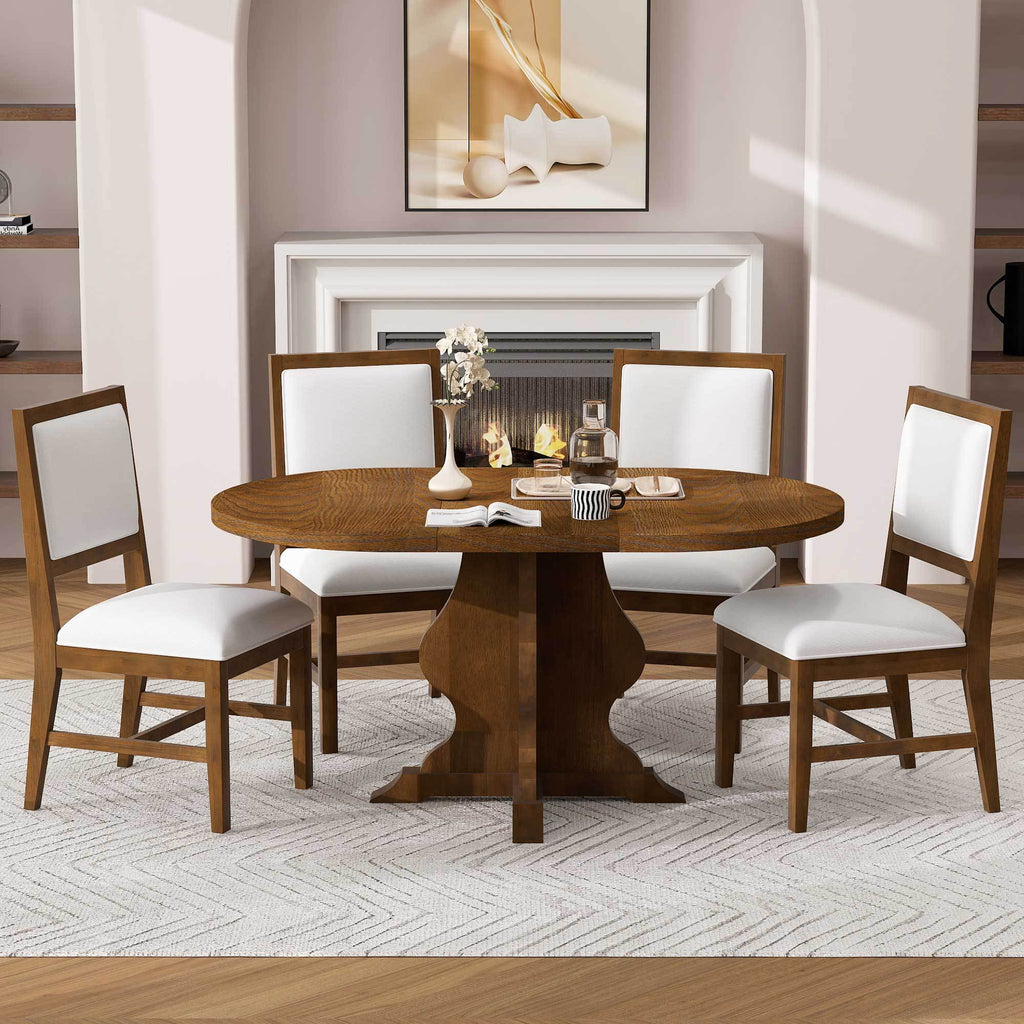 Farmhouse Dining Table Set with extendable oval table and four white upholstered chairs in a cozy modern living room. Trendy & practical for home dining.