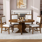 Farmhouse Dining Table Set with extendable oval table and four white upholstered chairs in a cozy modern living room. Trendy & practical for home dining.