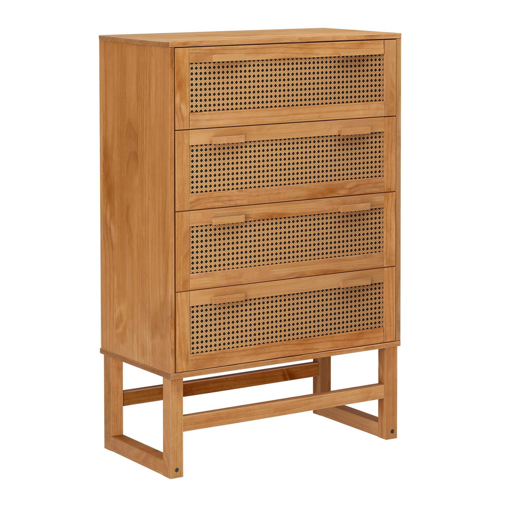 Boho 4-drawer dresser in natural engineered wood with woven rattan drawer fronts and a sturdy trestle base.