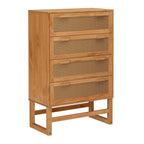 Boho 4-drawer dresser in natural engineered wood with woven rattan drawer fronts and a sturdy trestle base.