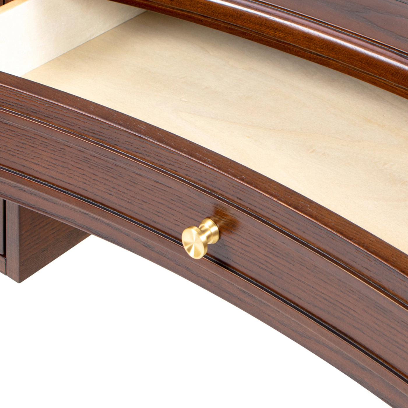 Open center drawer of Executive Desk 5-Drawer Wood - Gold Accents revealing smooth interior and curved front design.