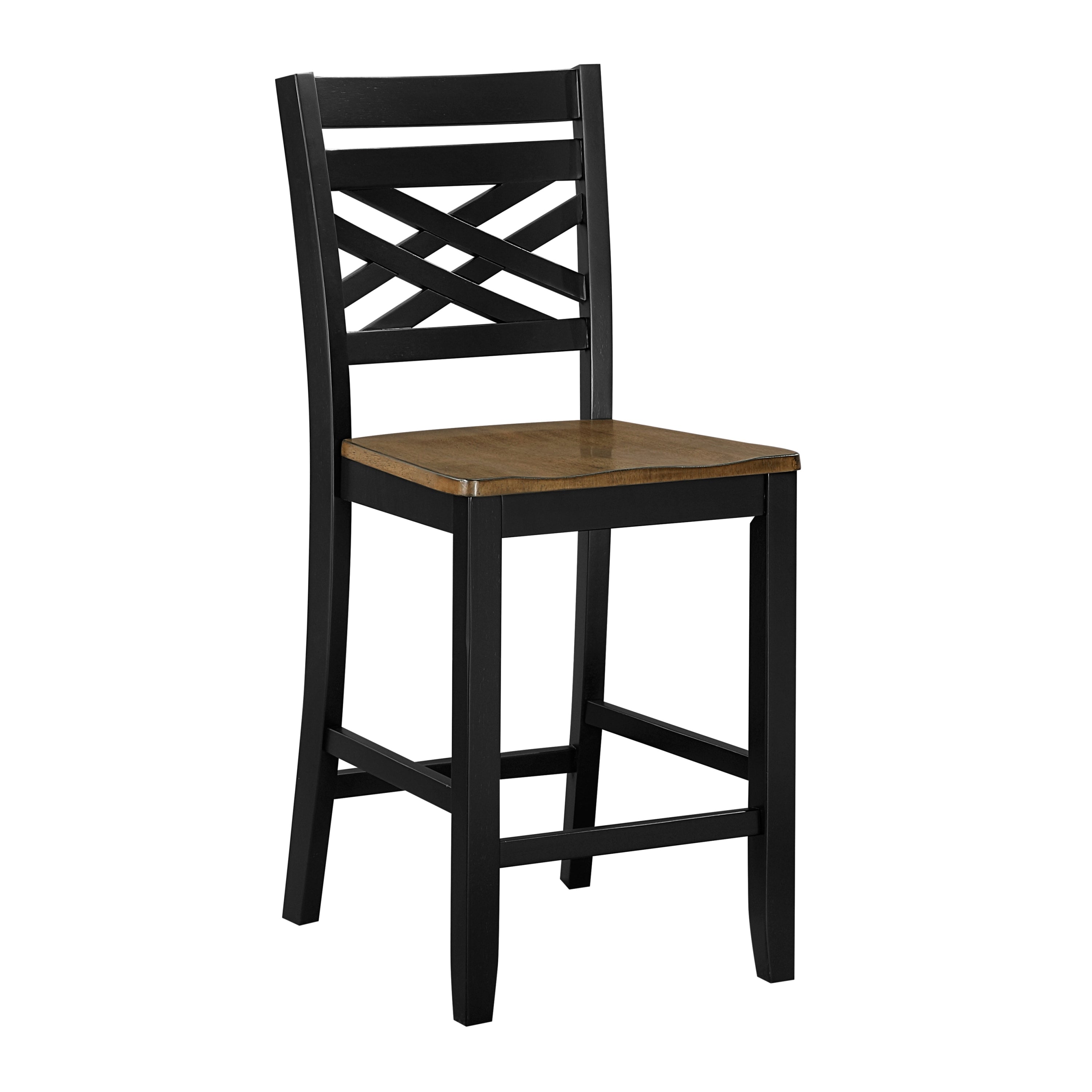 Single counter height dining chair with black frame and wood seat, featuring a crisscross backrest design for modern style.