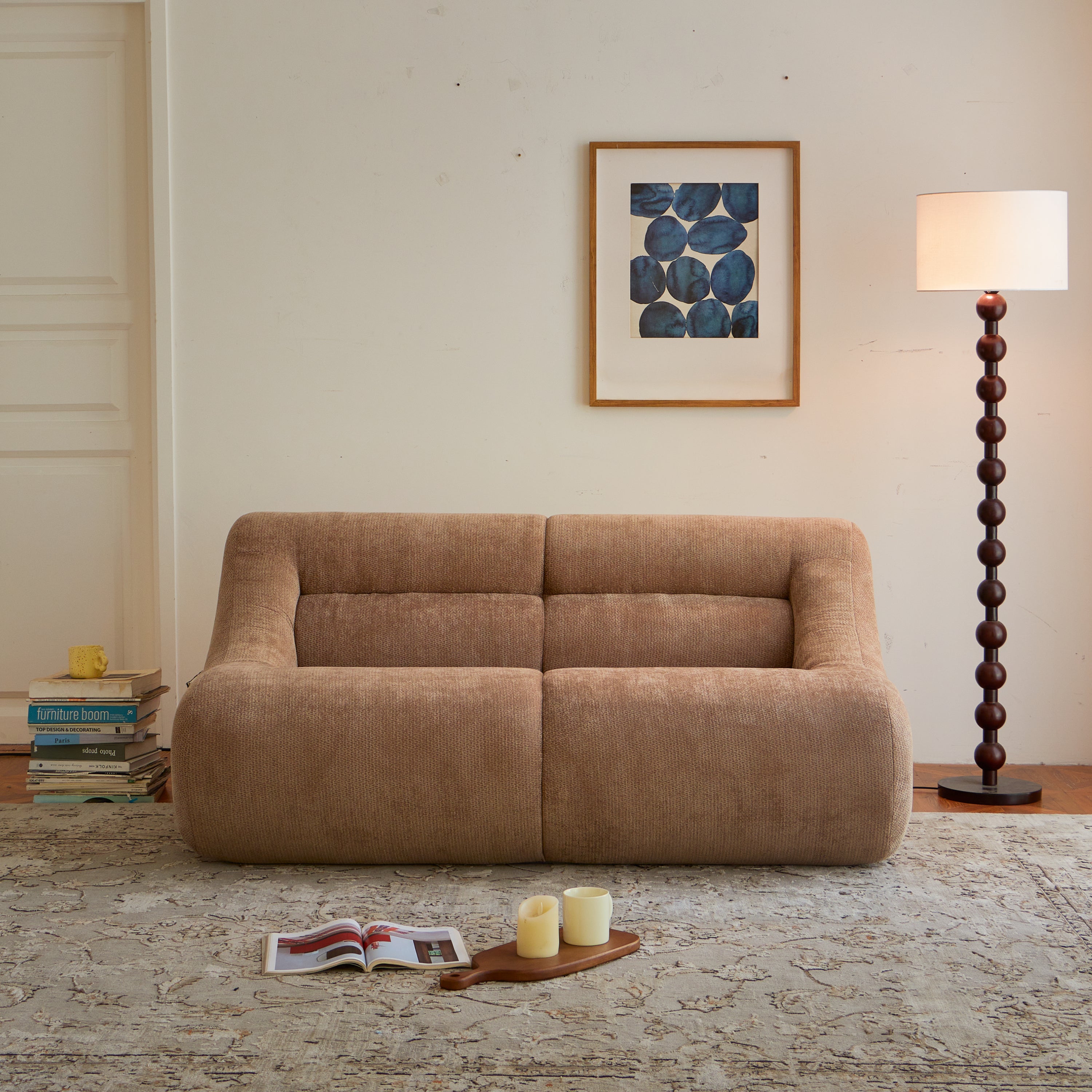 Front view of Chenille Fabric 2-Seater Sofa in brown, showcasing its plush backrest and compact design for small spaces.