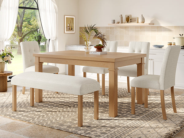 6-Piece Modern Dining Set, Rectangle Kitchen Table with 4 Upholstered Chairs & Bench, Ideal for Dining Room and Living Room, (Easy Assembly, Space Saving)