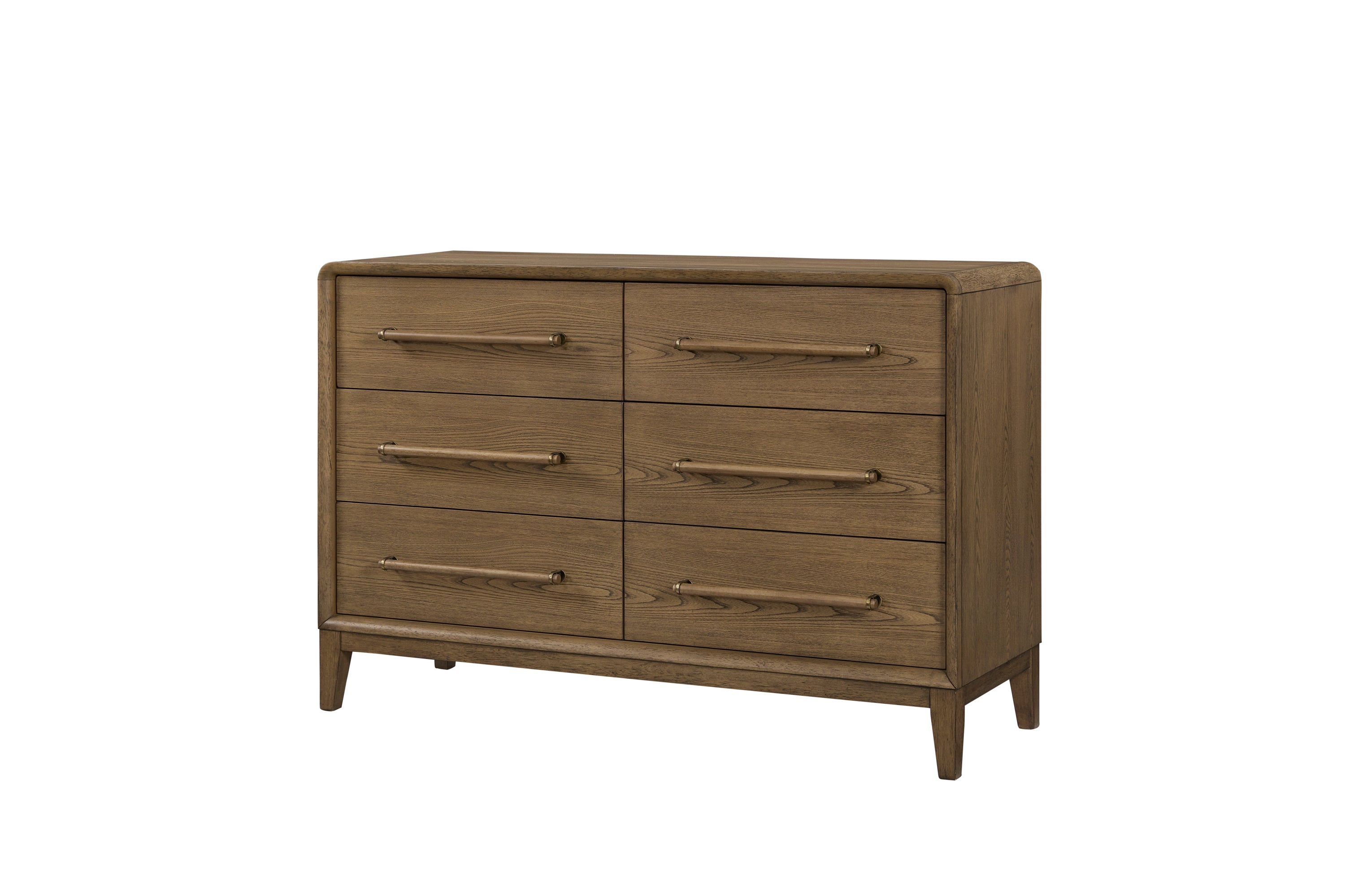 Angled view of solid wood small dresser in latte finish with six spacious drawers and tapered legs, ideal for stylish bedroom storage.