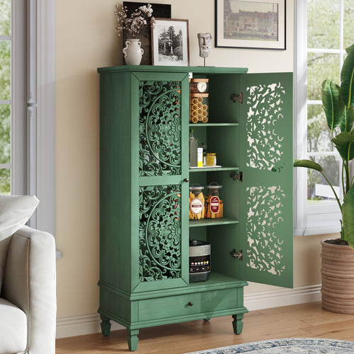 Antique Green Storage Cabinet - 55'' Tall w/ Drawer shown with doors open, revealing spacious interior shelves and decorative detailing.