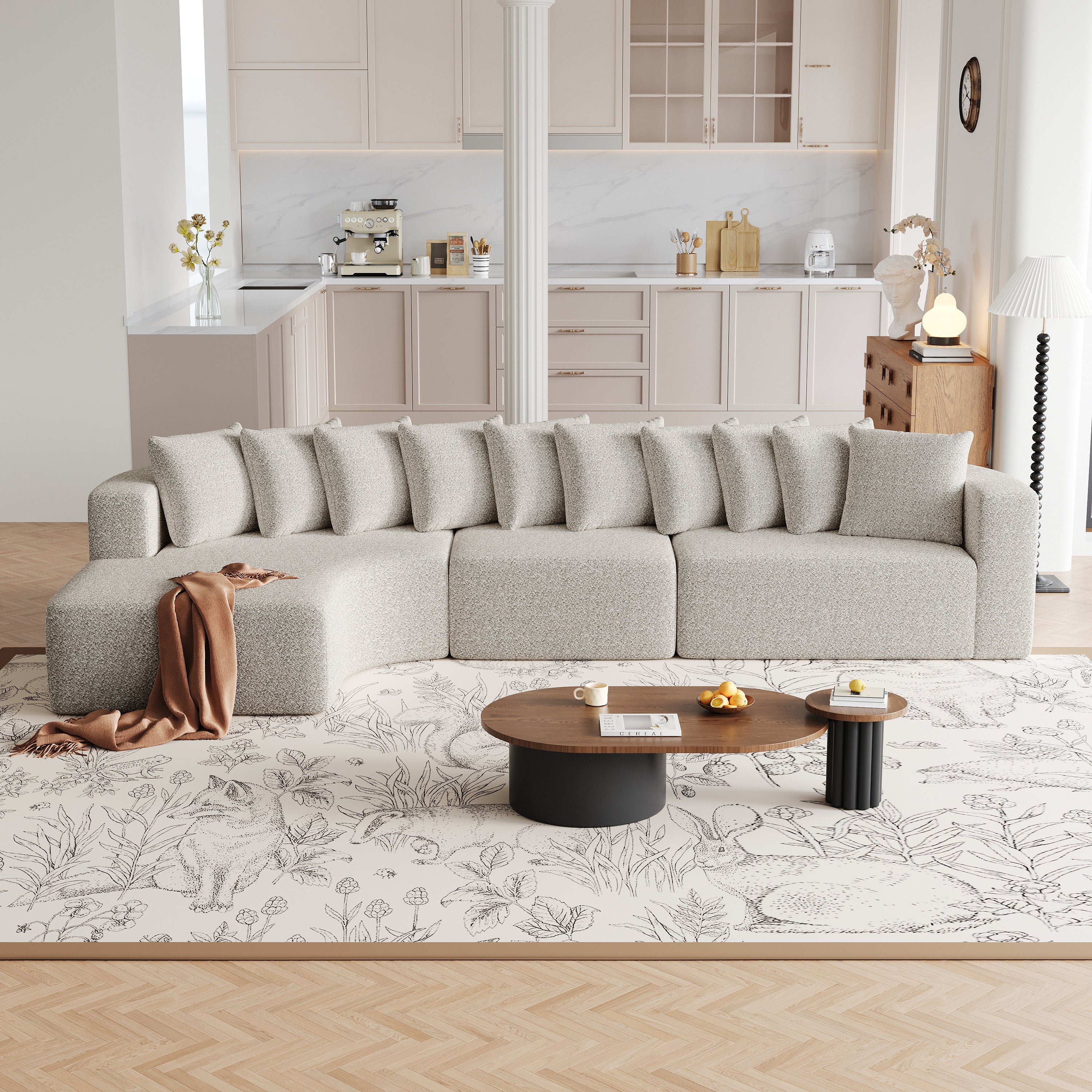 Modern Chenille Sectional Sofa Set with 10 pillows and a throw blanket, placed in a soft-toned living room for a cozy, elegant look.