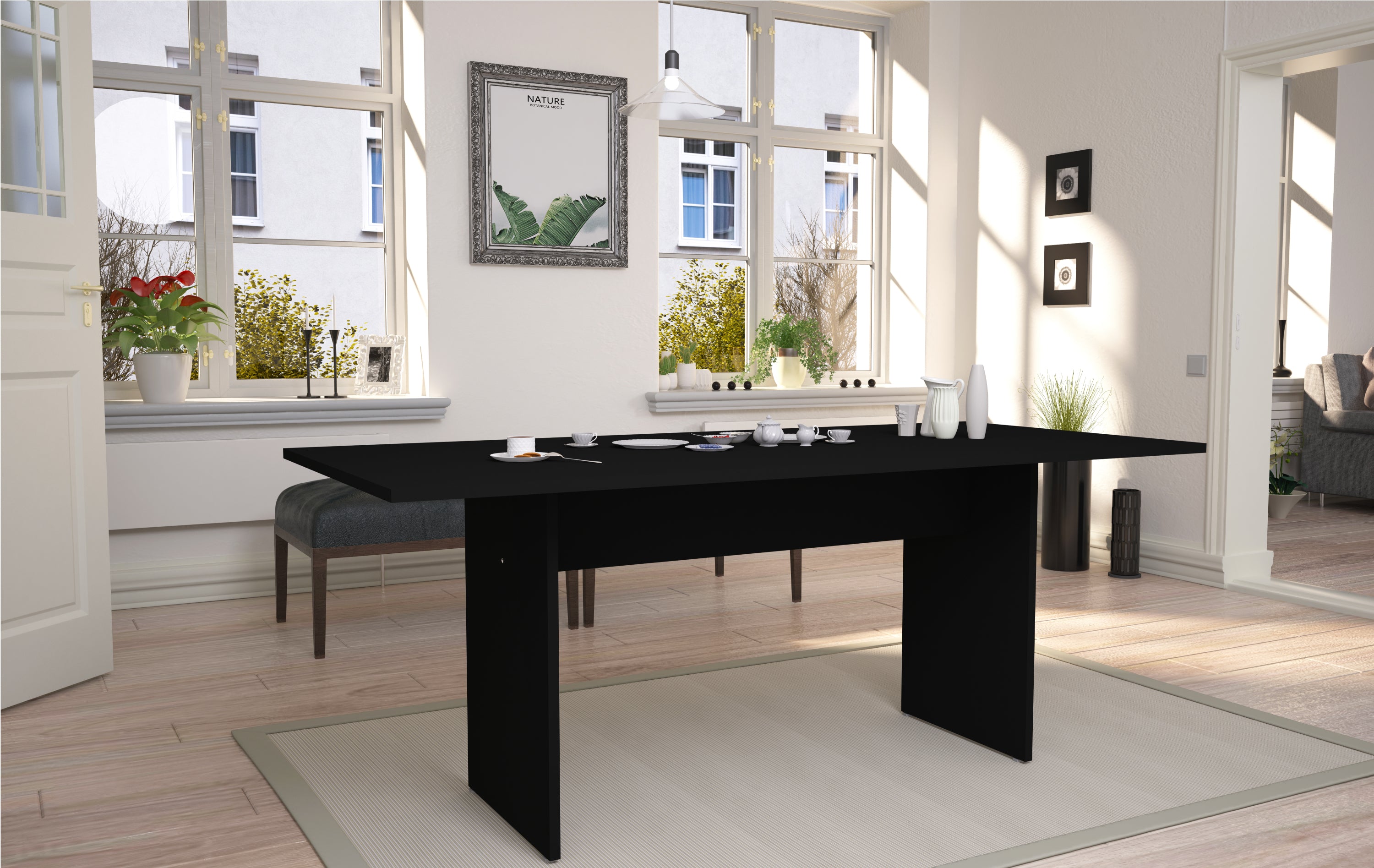 Dining table in black seating 6, shown in a bright dining room setting. Sleek modern design complements minimalist home interiors.