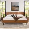Aspen Vertical Tufted Headboard Platform Bed Set, King, Caramel Tan Brown Faux Leather.