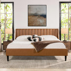 Aspen Vertical Tufted Headboard Platform Bed Set, King, Caramel Tan Brown Faux Leather.