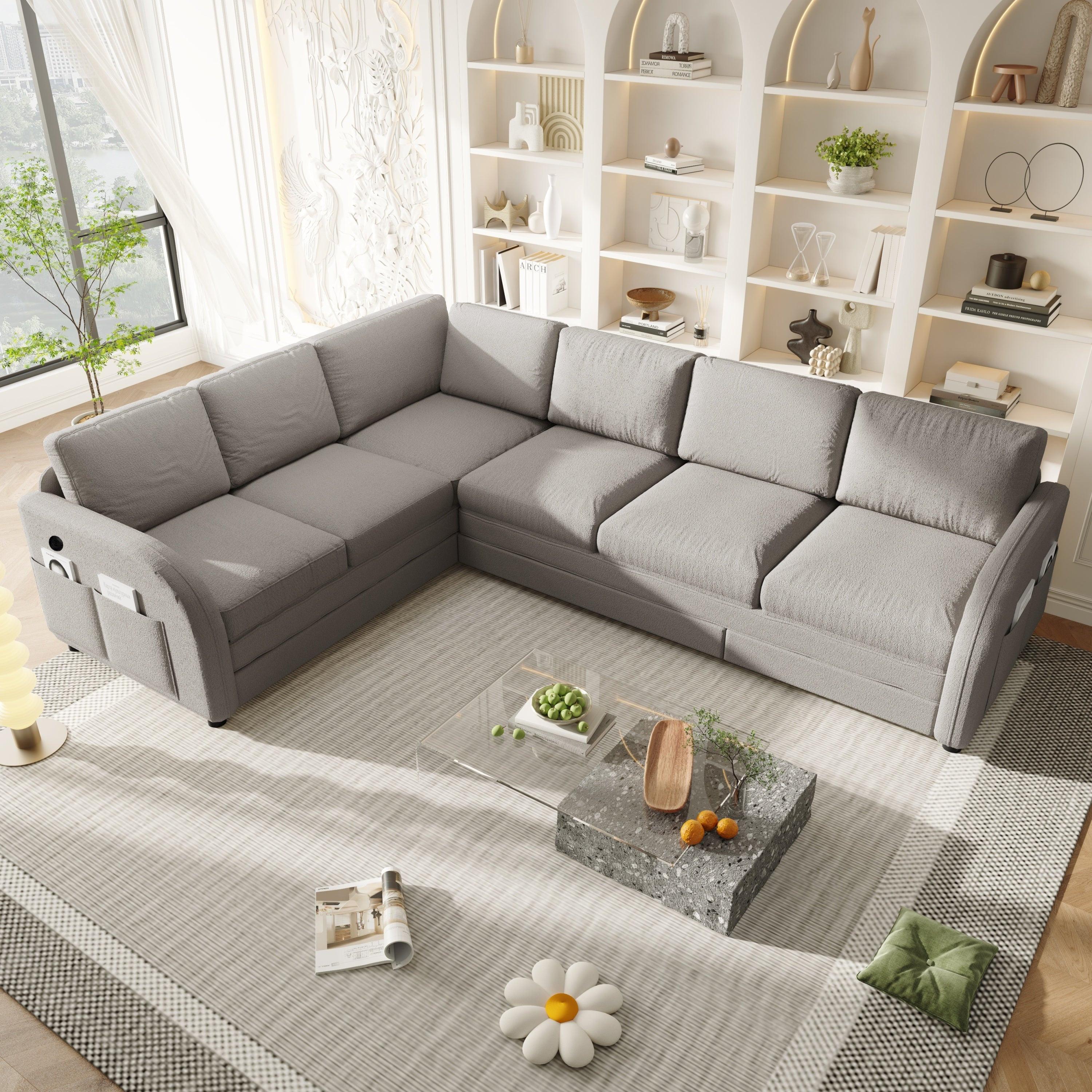 L-Shaped Sofa with Pull-Out Bed and USB Port.