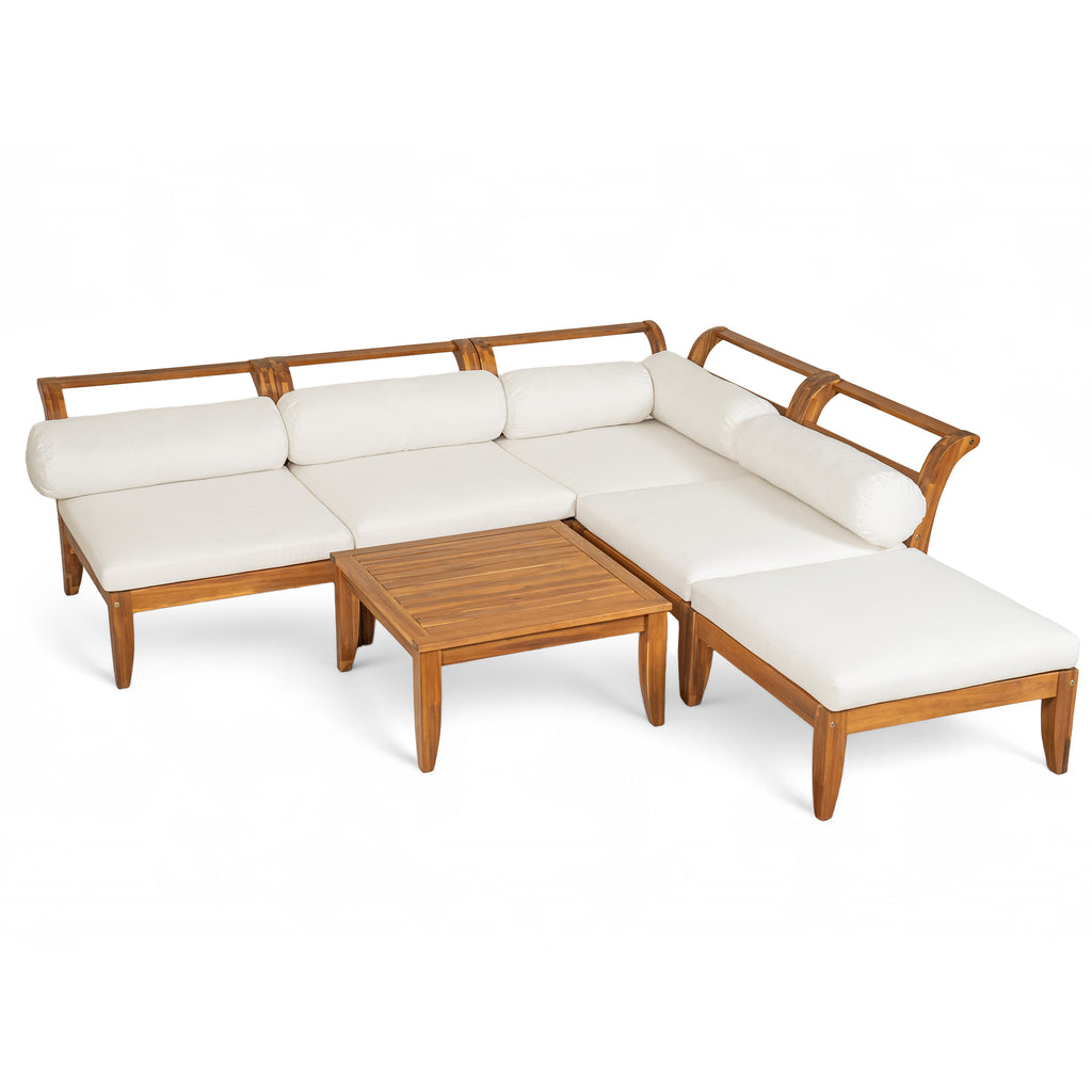 6-piece modular acacia wood patio sectional in teak with beige cushions, featuring an L-shaped sofa and tea table.