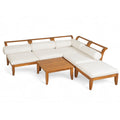 6-piece modular acacia wood patio sectional in teak with beige cushions, featuring an L-shaped sofa and tea table.