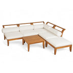 6-piece modular acacia wood patio sectional in teak with beige cushions, featuring an L-shaped sofa and tea table.
