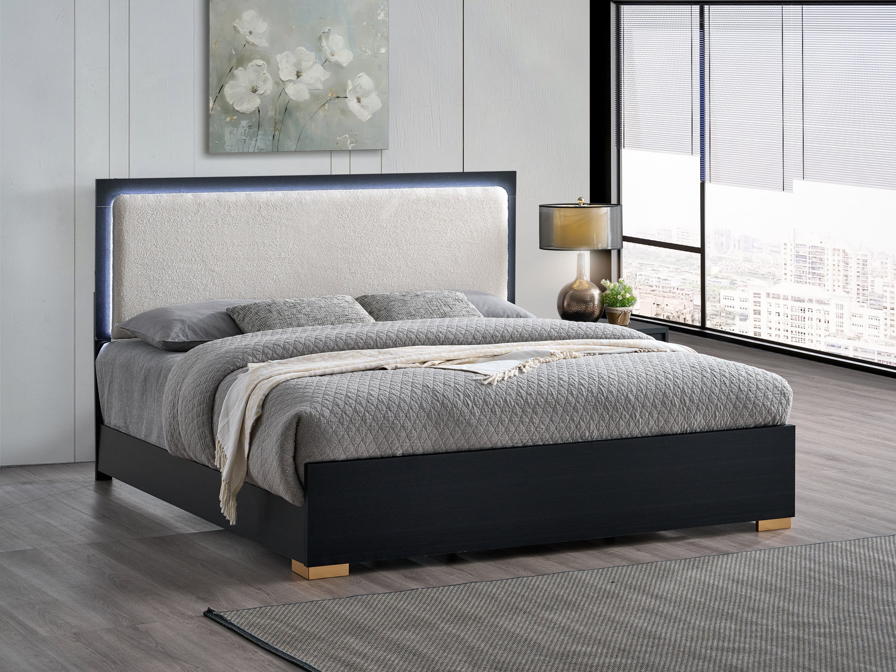 Full Size Black Panel Bed with LED Upholstered Teddy Headboard
