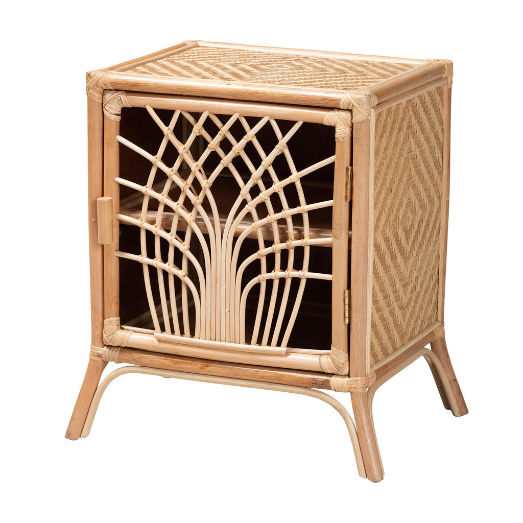 Boho-style natural rattan nightstand with a woven geometric pattern and a decorative arched door design.