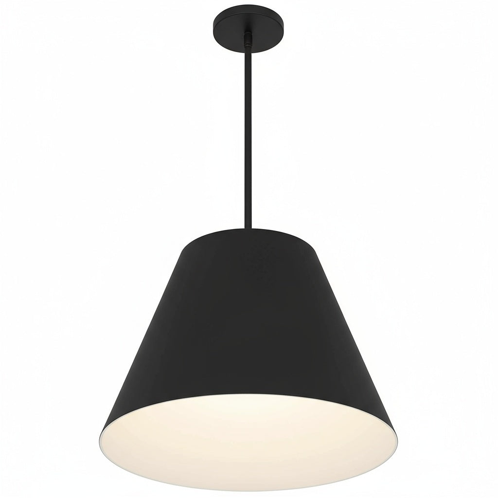 Close-up of illuminated 16 inch LED black pendant light. Modern and efficient ceiling fixture for home lighting solutions.