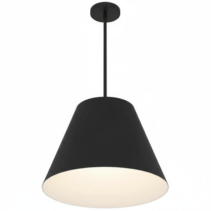 Close-up of illuminated 16 inch LED black pendant light. Modern and efficient ceiling fixture for home lighting solutions.