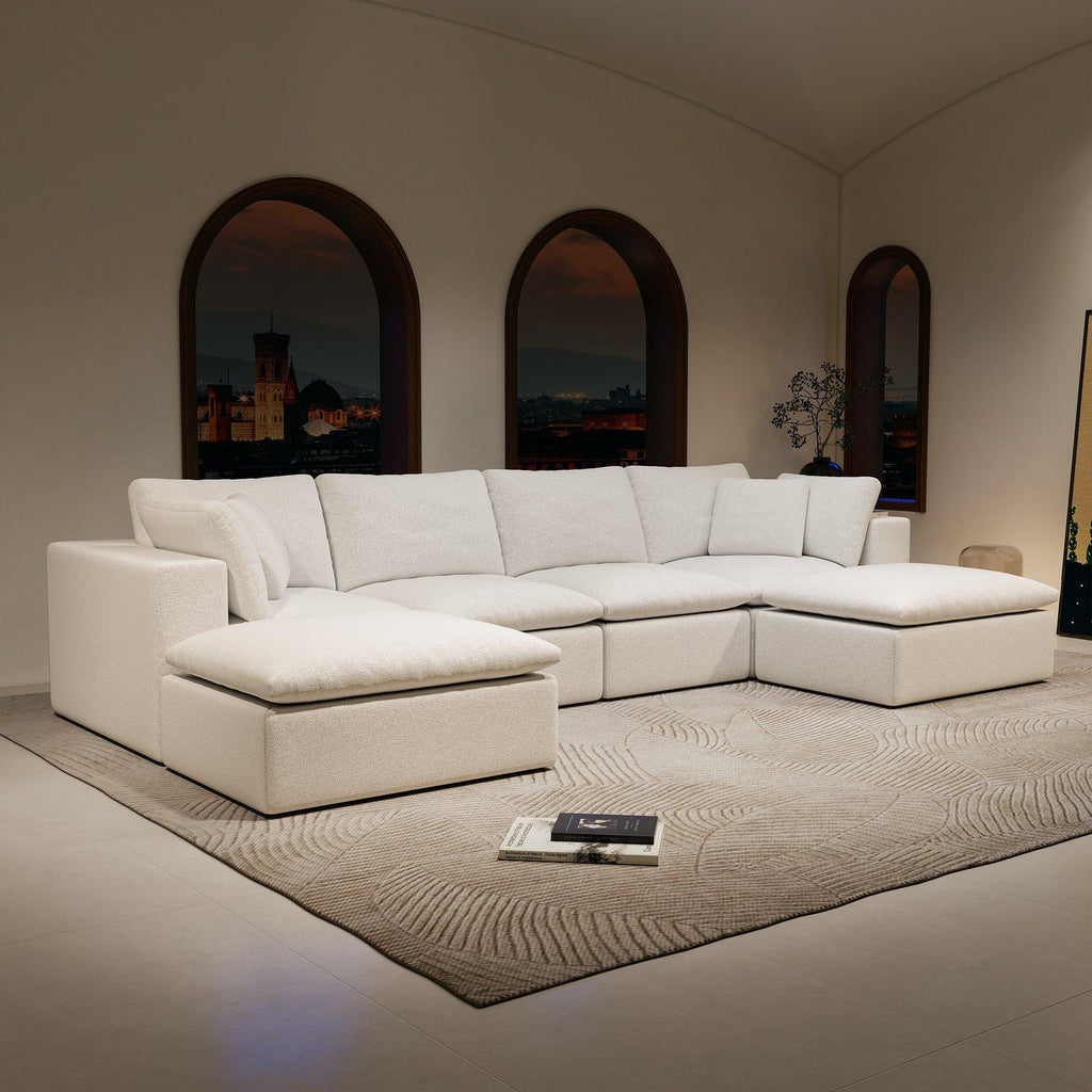 Modular Sectional Sofa - Plush Corduroy Fabric White.