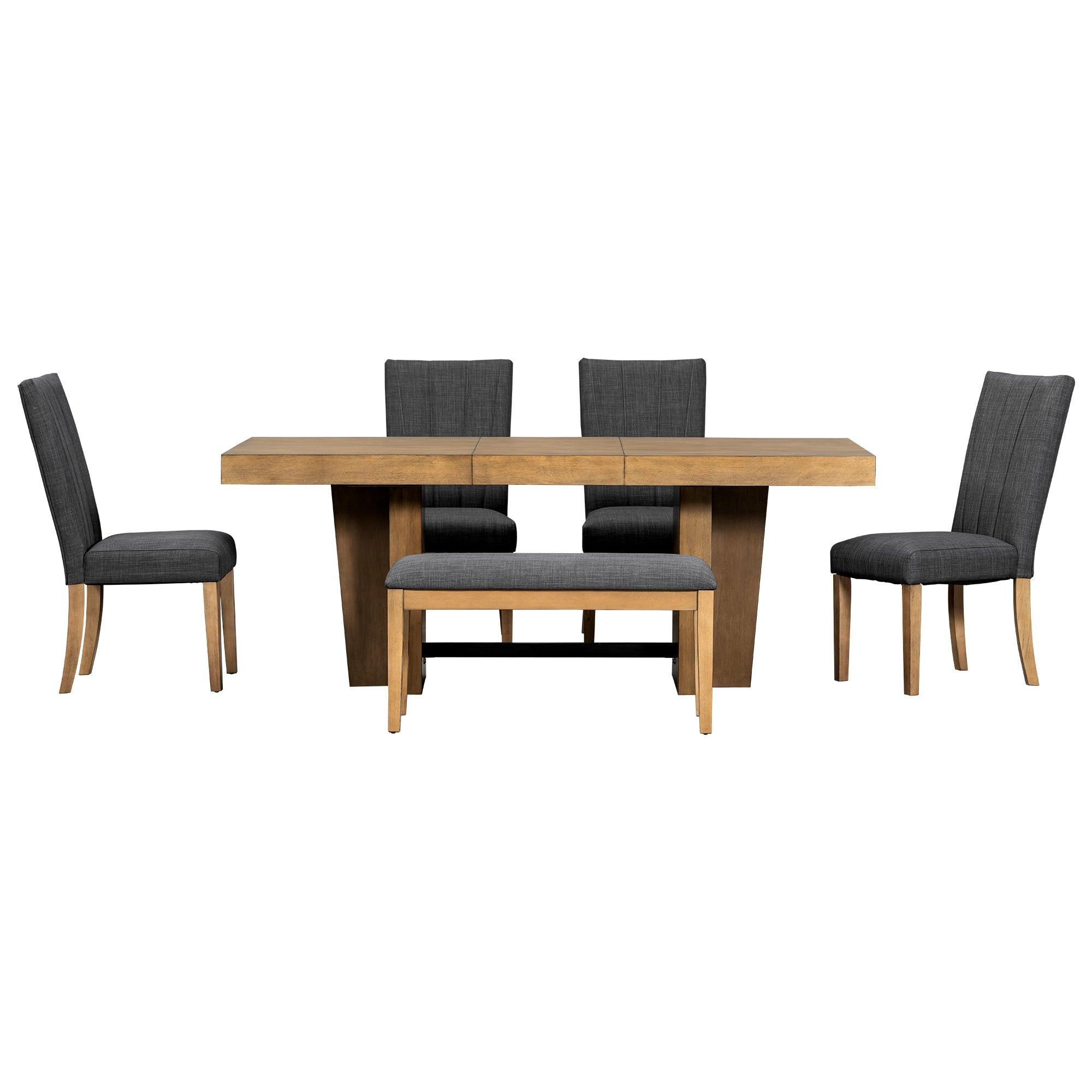 Extendable Wood Dining Table Set for 6 with Bench & Chairs.