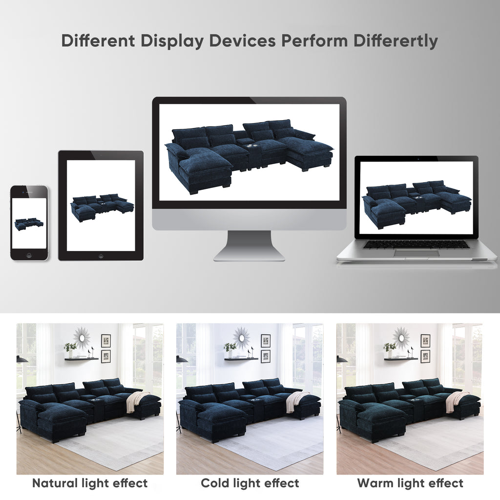 Display comparison of U-shaped sectional sofa with USB charger under natural, cold, and warm lighting on various digital devices.