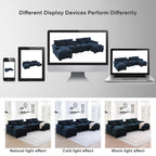 Display comparison of U-shaped sectional sofa with USB charger under natural, cold, and warm lighting on various digital devices.
