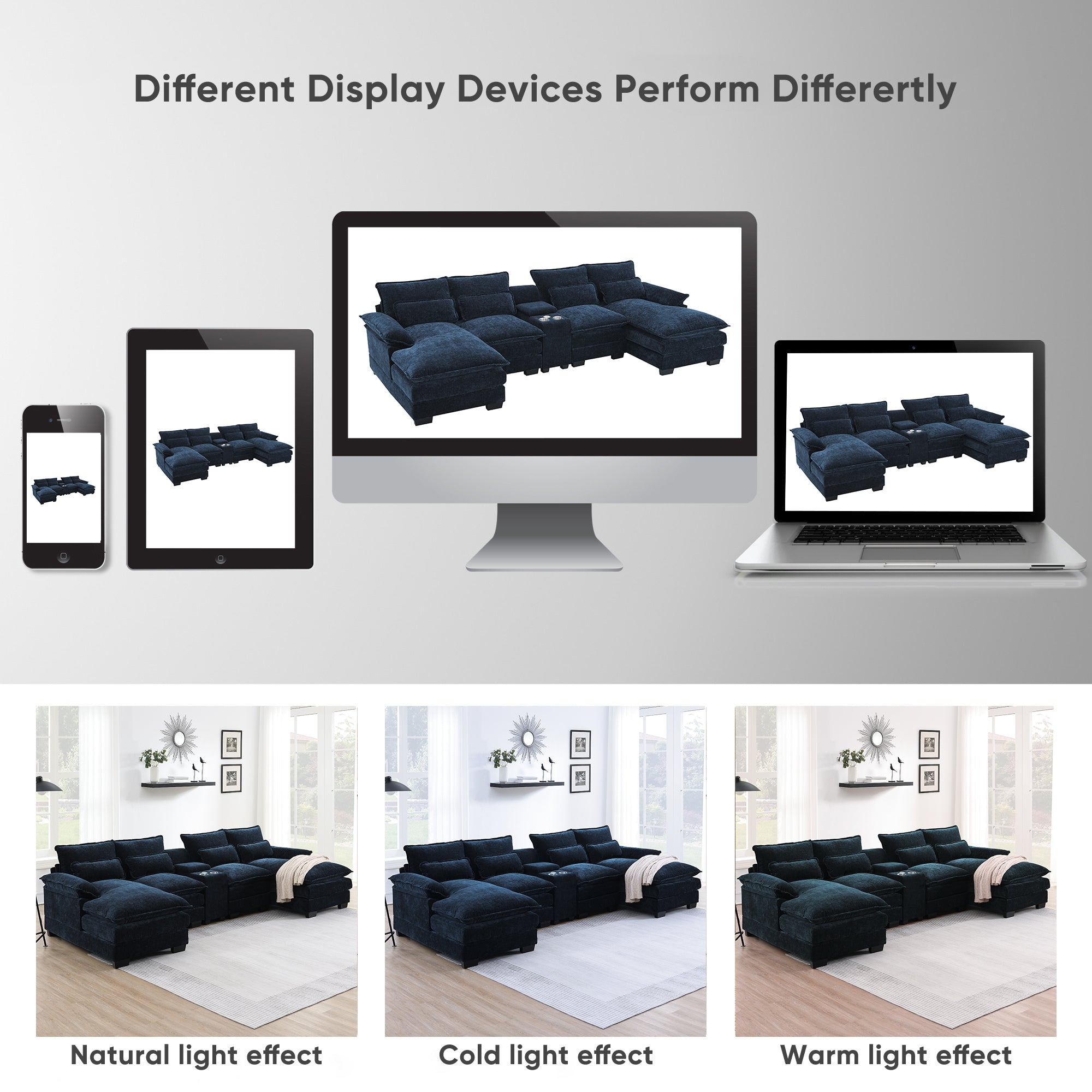 Display comparison of U-shaped sectional sofa with USB charger under natural, cold, and warm lighting on various digital devices.