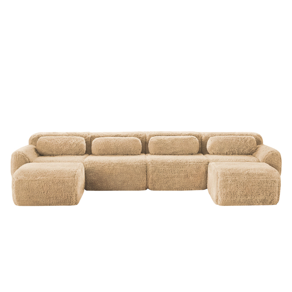 Front view of U-shaped modular sofa in plush beige fabric, no assembly required and ideal for modern living rooms.