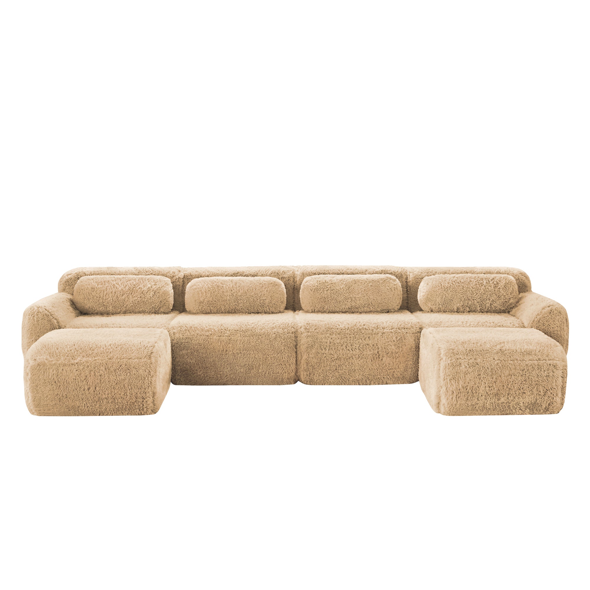 Front view of U-shaped modular sofa in plush beige fabric, no assembly required and ideal for modern living rooms.