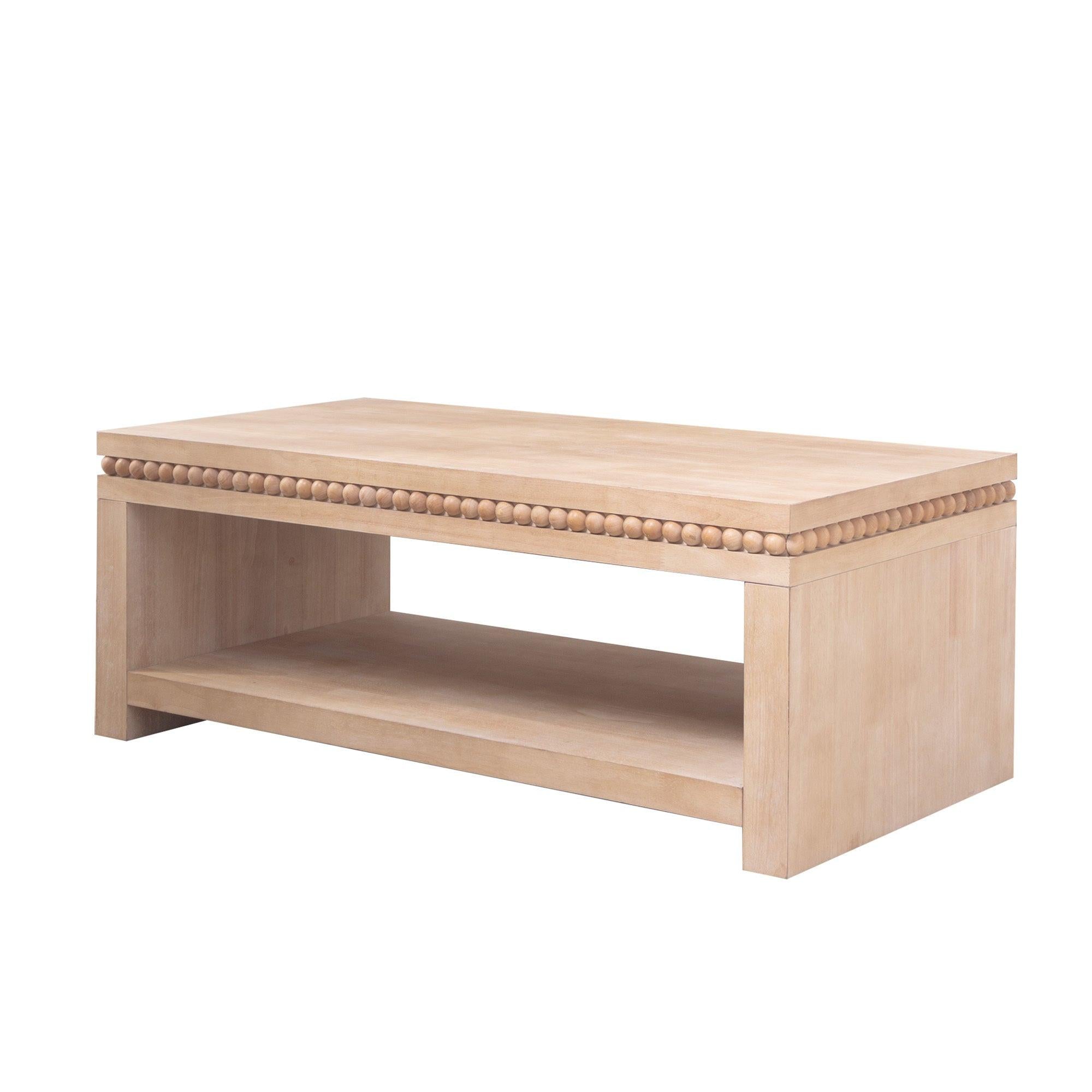 Modern Wood Coffee Table with Beaded Trim – 47 Rectangular Coffee Table with Open Storage Shelf, Light Natural Finish – Farmhouse & Coastal Living Room Furniture.