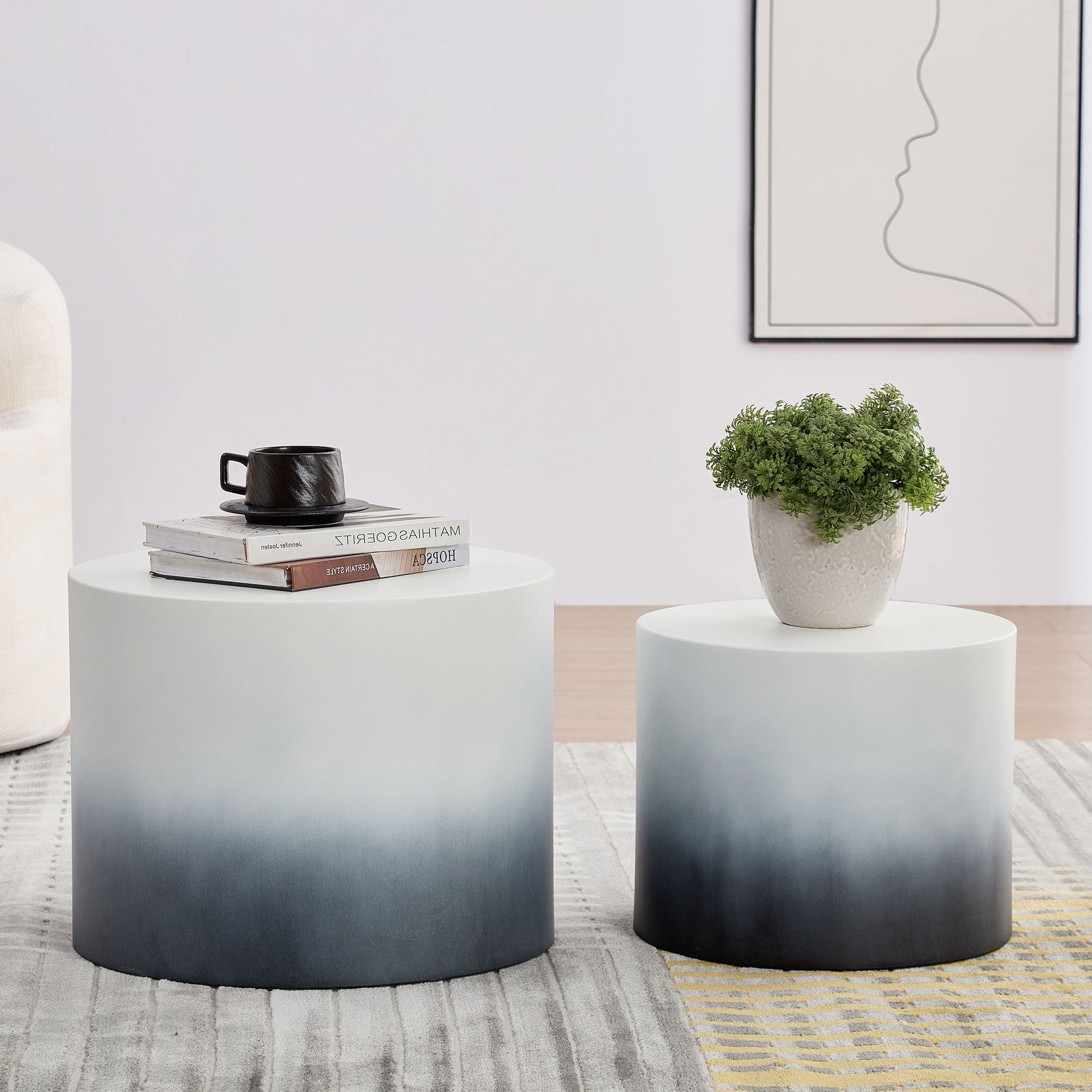 MDF Veneer nesting tables styled in a modern living room with decor, ideal for coffee or side table use.