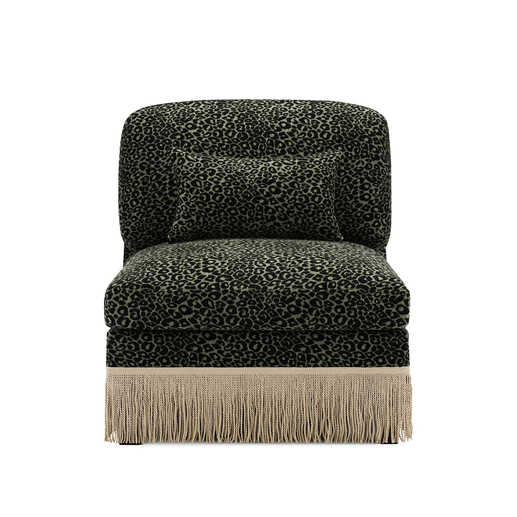 Leopard Print Chenille Armless Accent Chair in Green and Black