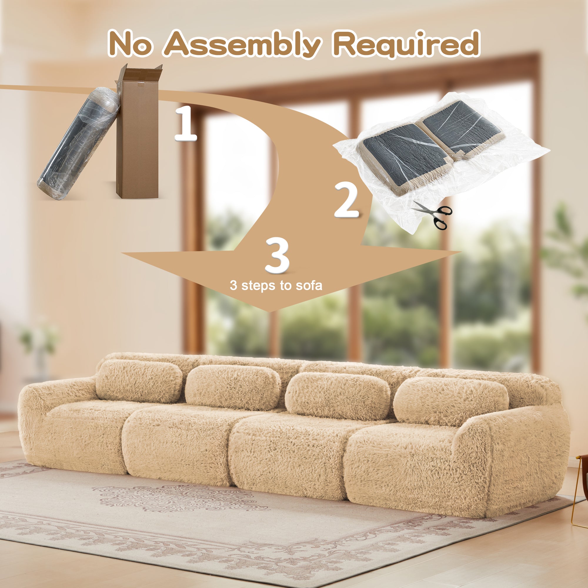 No assembly required for Modular Plush Sofa - Light Khaki, shown in three easy setup steps from box to full sofa.