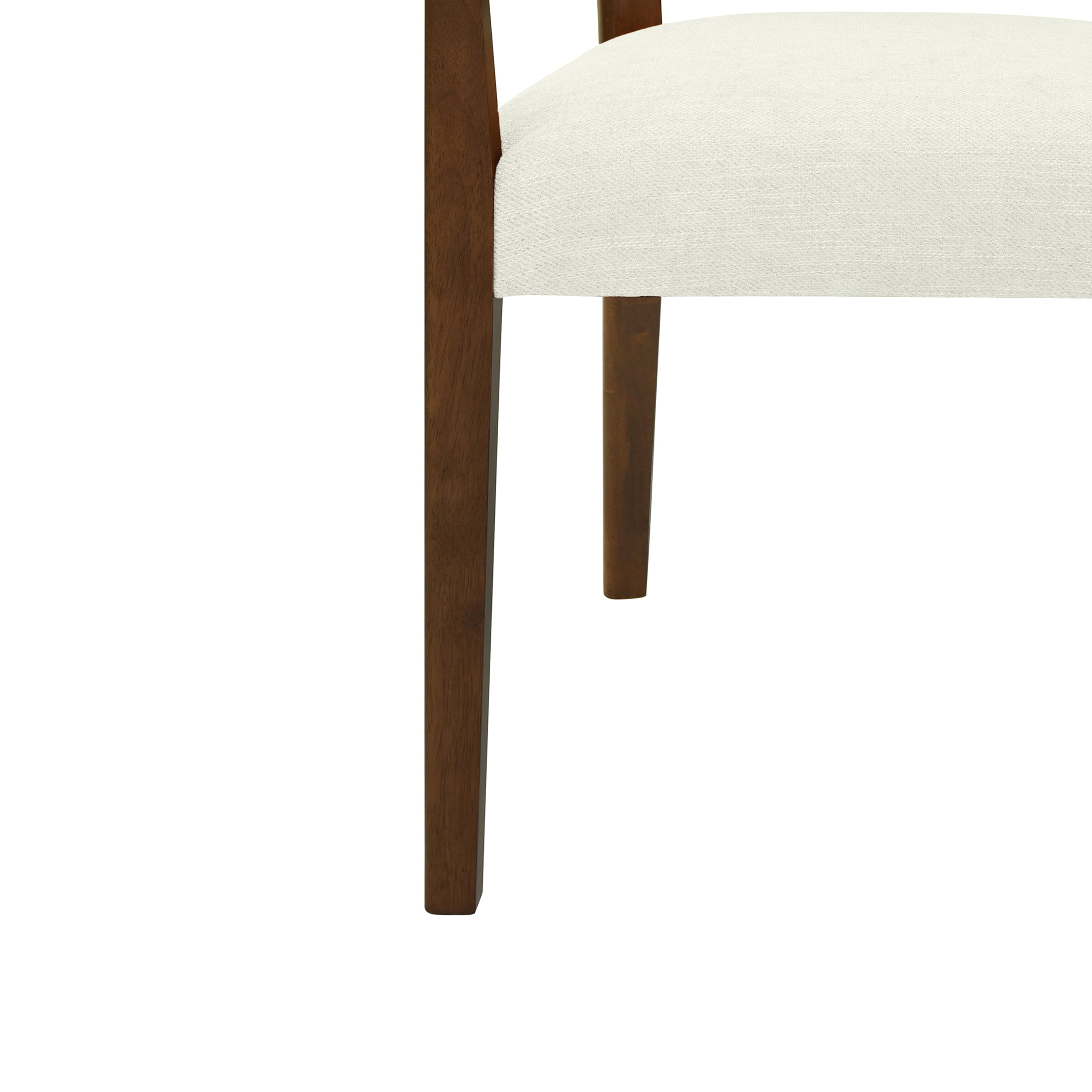 Close-up of the chair leg and seat corner on the Mid-Century Rattan Dining Chair, showing the seamless wood and fabric connection.
