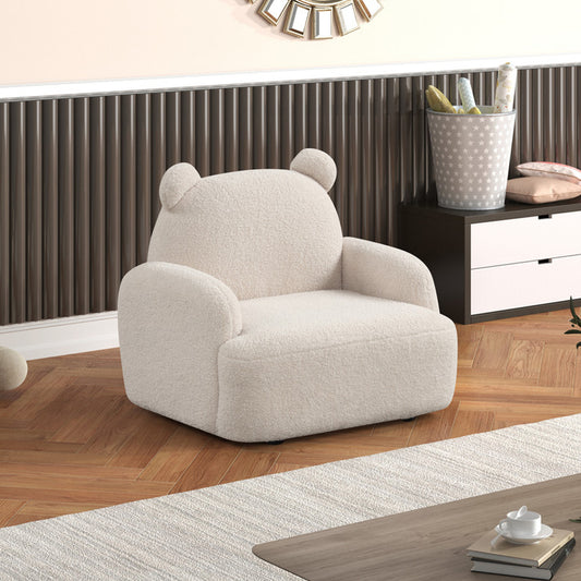 Beige bear-shaped Sherpa kids armchair placed in a modern nursery with wooden flooring, perfect for cozy and playful furniture decor.