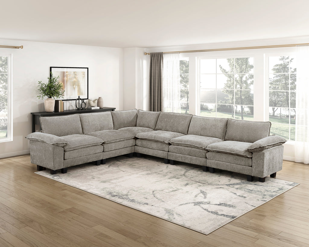 Modern contemporary 6-piece modular sectional sofa in plush gray chenille with deep, comfortable seating.